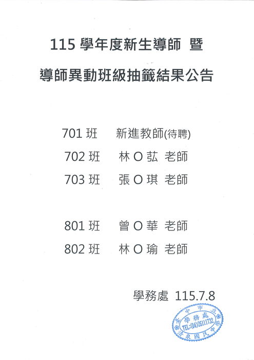 新生導師班級抽籤結果